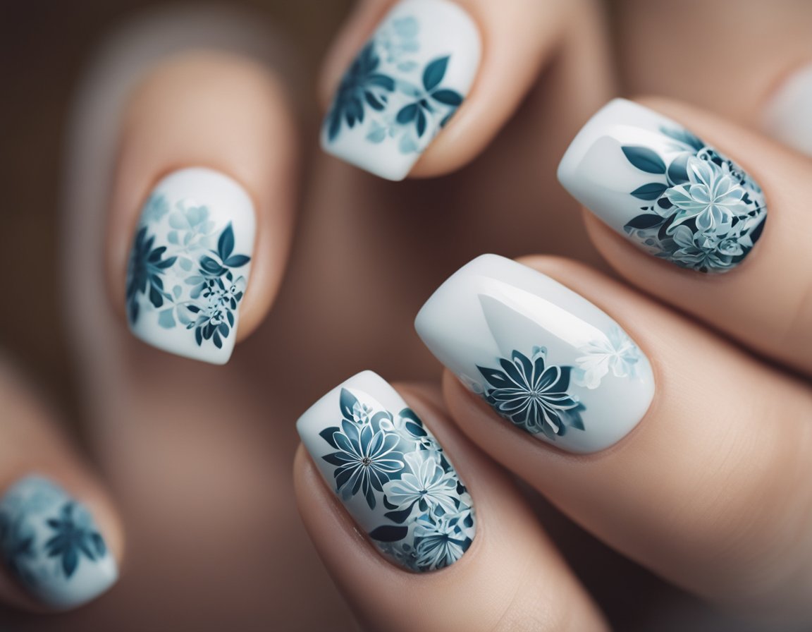 Designs florais elegantes em unhas curtas, com pétalas delicadas e padrões intrincados