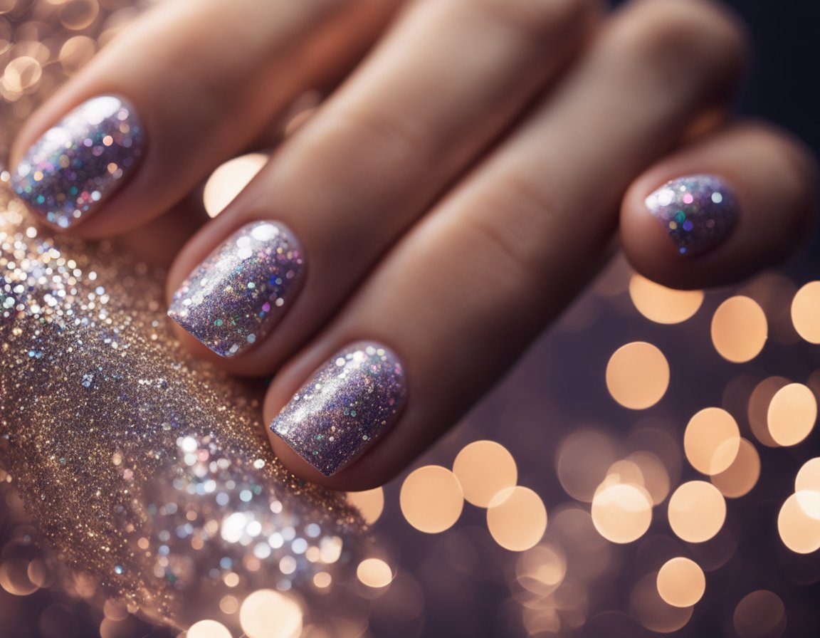 Esmalte de unha com glitter cintilante em 10 unhas curtas, cada uma com um design único, dispostas em uma composição visualmente atraente