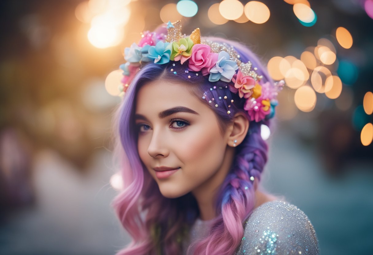 Uma menina jovem com um penteado de trança de unicórnio, cercada por acessórios de cabelo coloridos e brilhos.