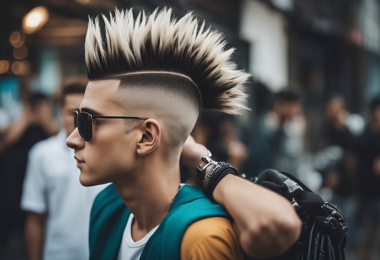 Um garoto com um penteado mohawk estilizado com gel, destacando-se com três ideias de cabelo selvagens.